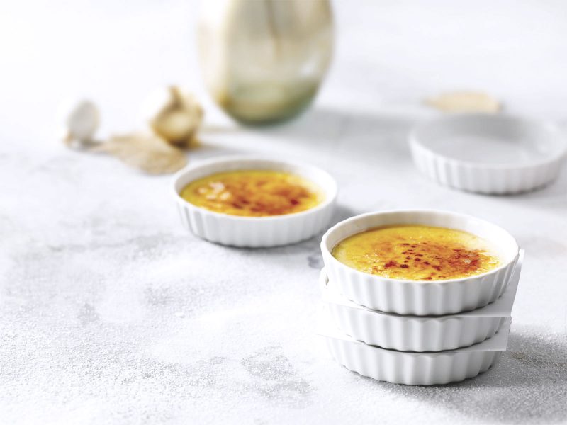 Dessert consisting of a rich custard base topped with a contrasting layer of hard caramel